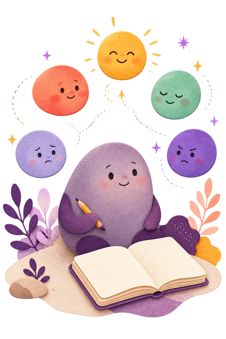 A calm journal companion surrounded by five expressive moods