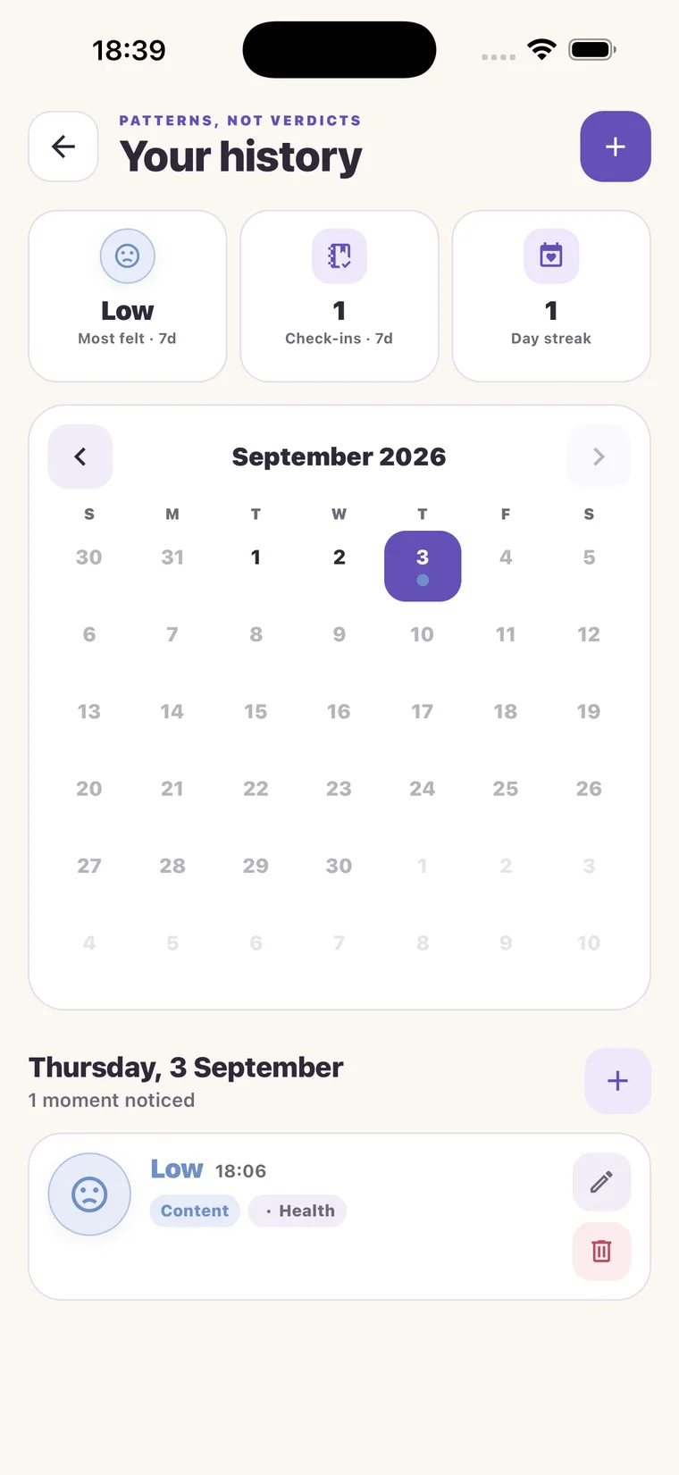 Mood Check-In history screen with a calendar and seven-day summaries