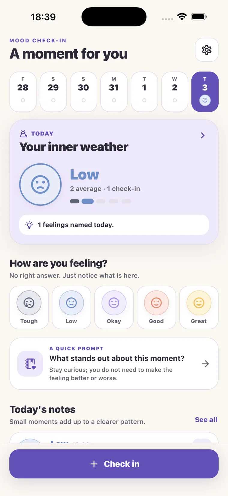 Mood Check-In home screen with a weekly mood view and reflection prompt